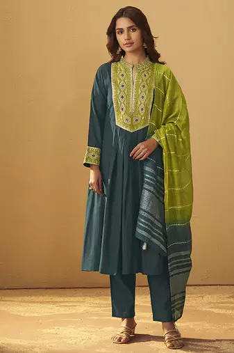 Green embroidered art silk anarkali kurta set with dupatta