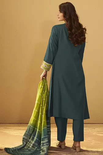 Green embroidered art silk anarkali kurta set with dupatta