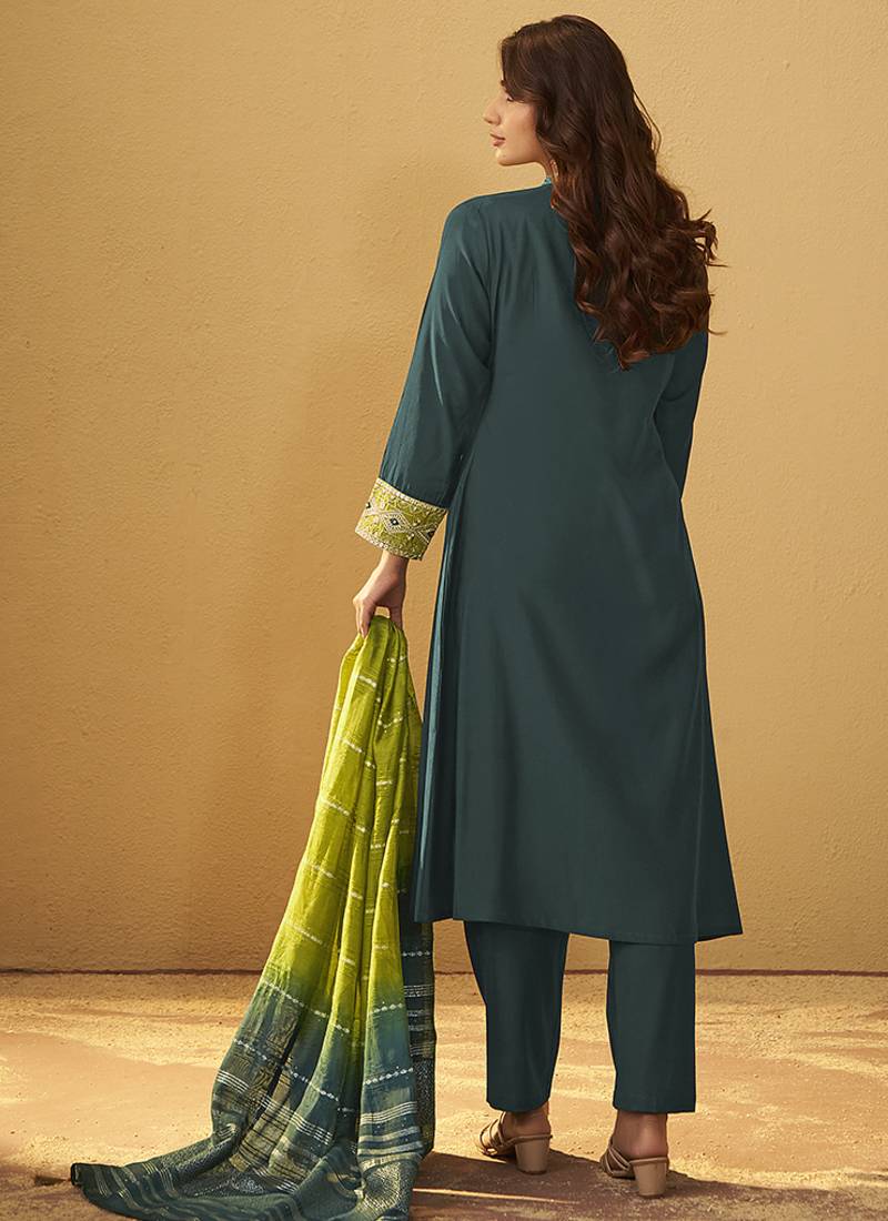 Green embroidered art silk anarkali kurta set with dupatta
