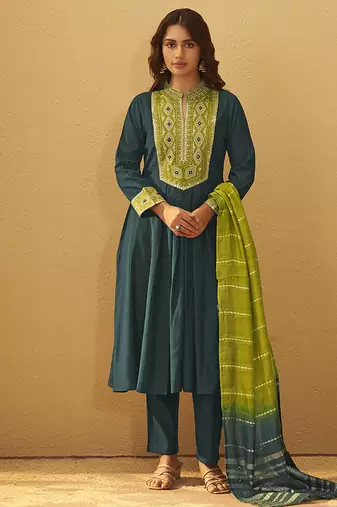 Green embroidered art silk anarkali kurta set with dupatta