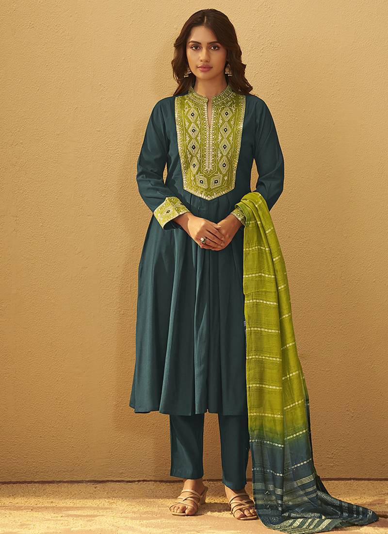 Green embroidered art silk anarkali kurta set with dupatta