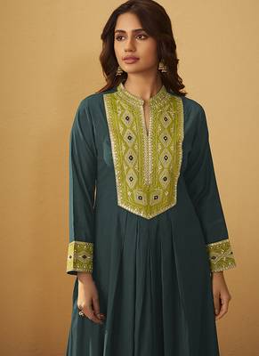 Green embroidered art silk anarkali kurta set with dupatta 4