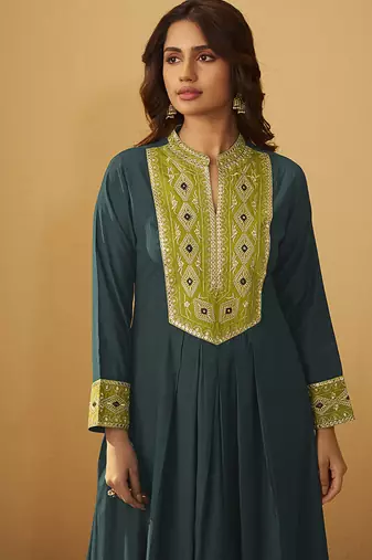Green embroidered art silk anarkali kurta set with dupatta