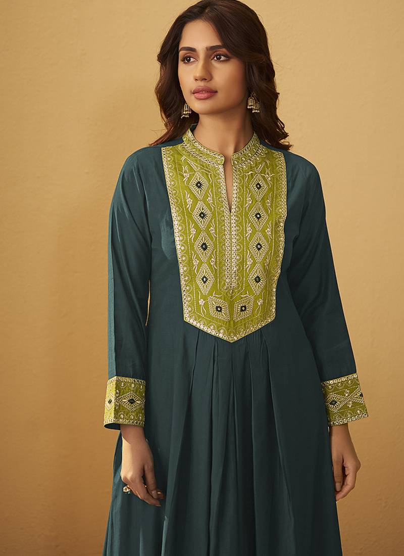 Green embroidered art silk anarkali kurta set with dupatta