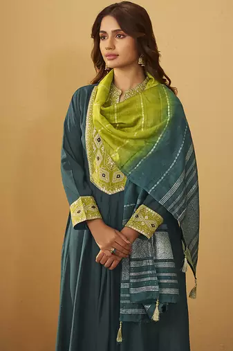 Green embroidered art silk anarkali kurta set with dupatta