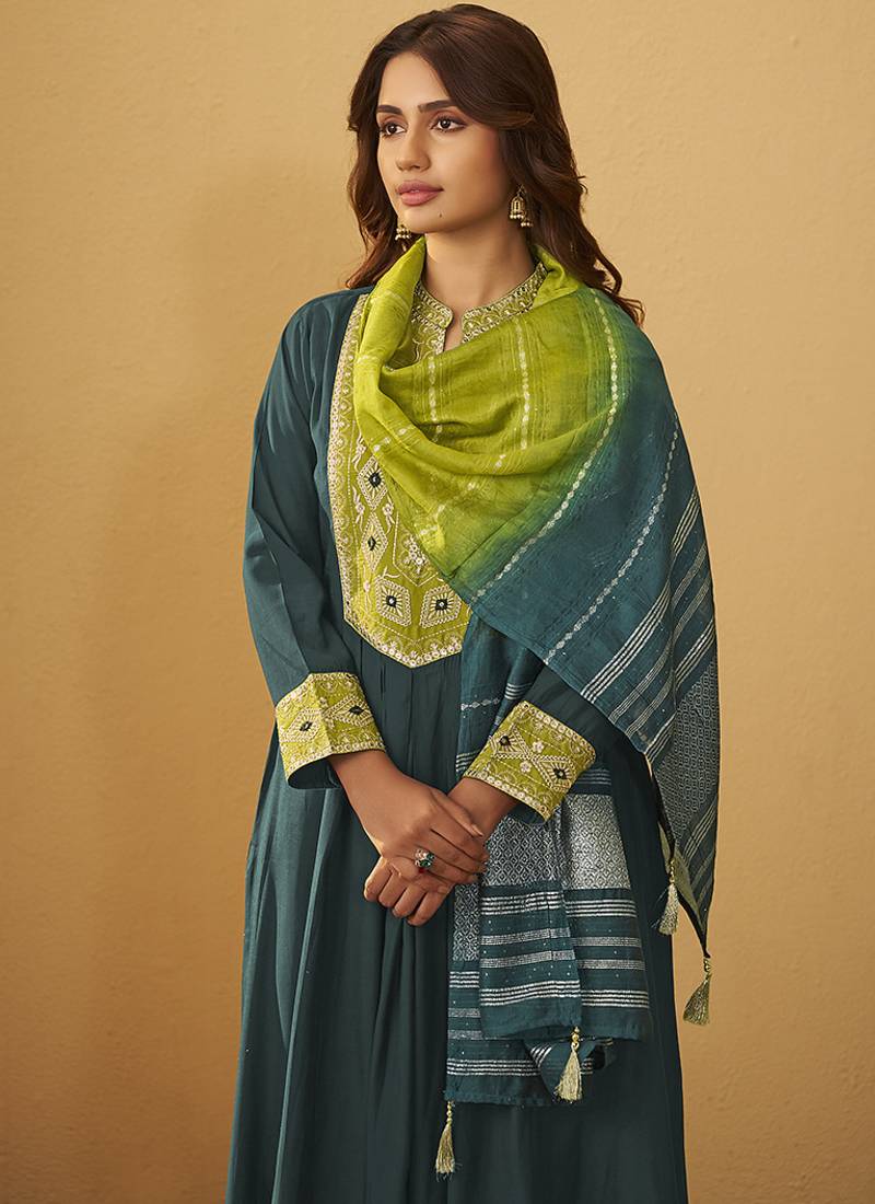 Green embroidered art silk anarkali kurta set with dupatta