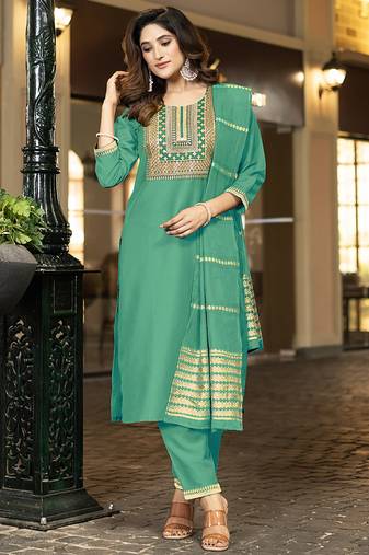 Sea green embroidered chinnon straight kurta set with jacquard dupatta