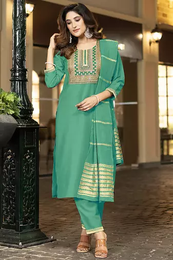 Sea green embroidered chinnon straight kurta set with jacquard dupatta