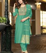 Sea green embroidered chinnon straight kurta set with jacquard dupatta