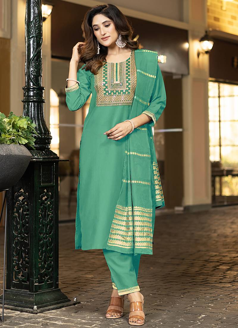 Sea green embroidered chinnon straight kurta set with jacquard dupatta