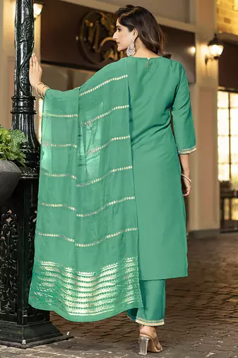 Sea green embroidered chinnon straight kurta set with jacquard dupatta