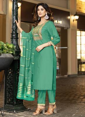 Sea green embroidered chinnon straight kurta set with jacquard dupatta 3