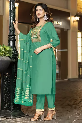 Sea green embroidered chinnon straight kurta set with jacquard dupatta
