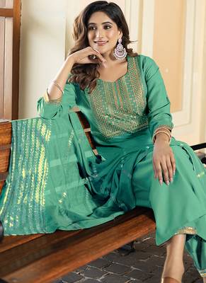 Sea green embroidered chinnon straight kurta set with jacquard dupatta 4