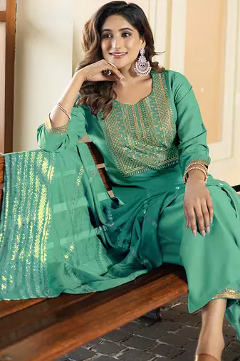 Sea green embroidered chinnon straight kurta set with jacquard dupatta