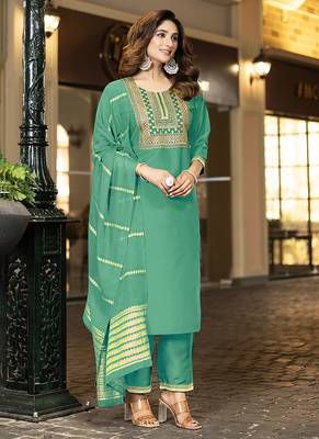 Sea green embroidered chinnon straight kurta set with jacquard dupatta 5