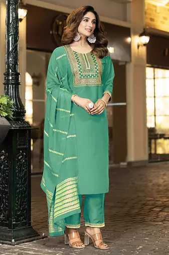 Sea green embroidered chinnon straight kurta set with jacquard dupatta