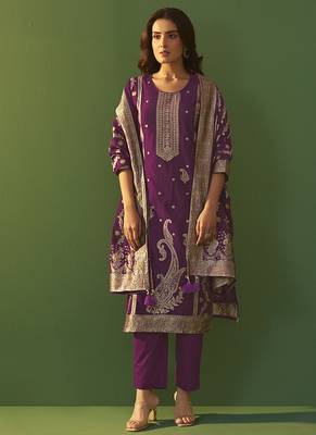 Purple jacquard art silk straight kurta set with cotton bottom & silk jacquard dupatta 1
