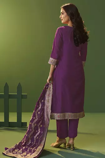 Purple jacquard art silk straight kurta set with cotton bottom & silk jacquard dupatta
