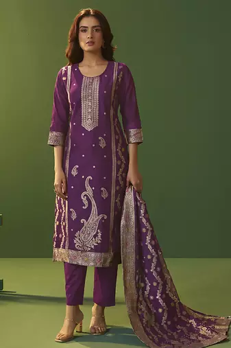 Purple jacquard art silk straight kurta set with cotton bottom & silk jacquard dupatta