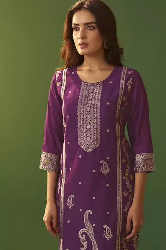 Purple jacquard art silk straight kurta set with cotton bottom & silk jacquard dupatta