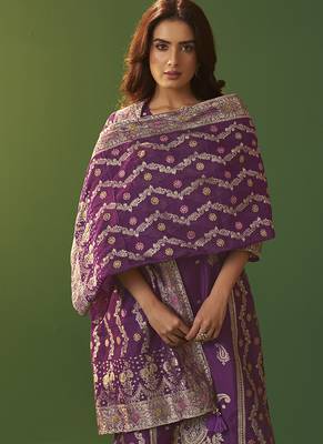 Purple jacquard art silk straight kurta set with cotton bottom & silk jacquard dupatta 5