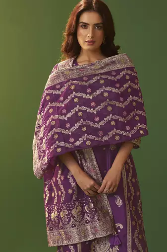 Purple jacquard art silk straight kurta set with cotton bottom & silk jacquard dupatta