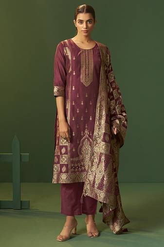 Wine jacquard art silk straight kurta set with cotton bottom & silk jacquard dupatta