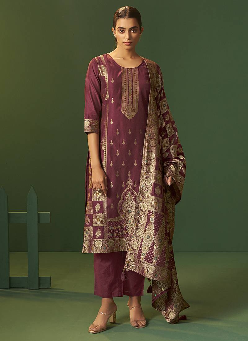 Wine jacquard art silk straight kurta set with cotton bottom & silk jacquard dupatta