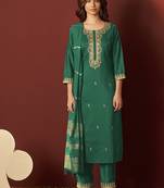 Green embroidered chinnon straight kurta set with dupatta