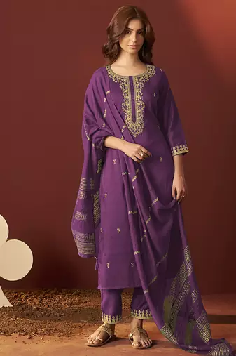 Purple embroidered chinnon straight kurta set with dupatta