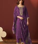 Purple embroidered chinnon straight kurta set with dupatta