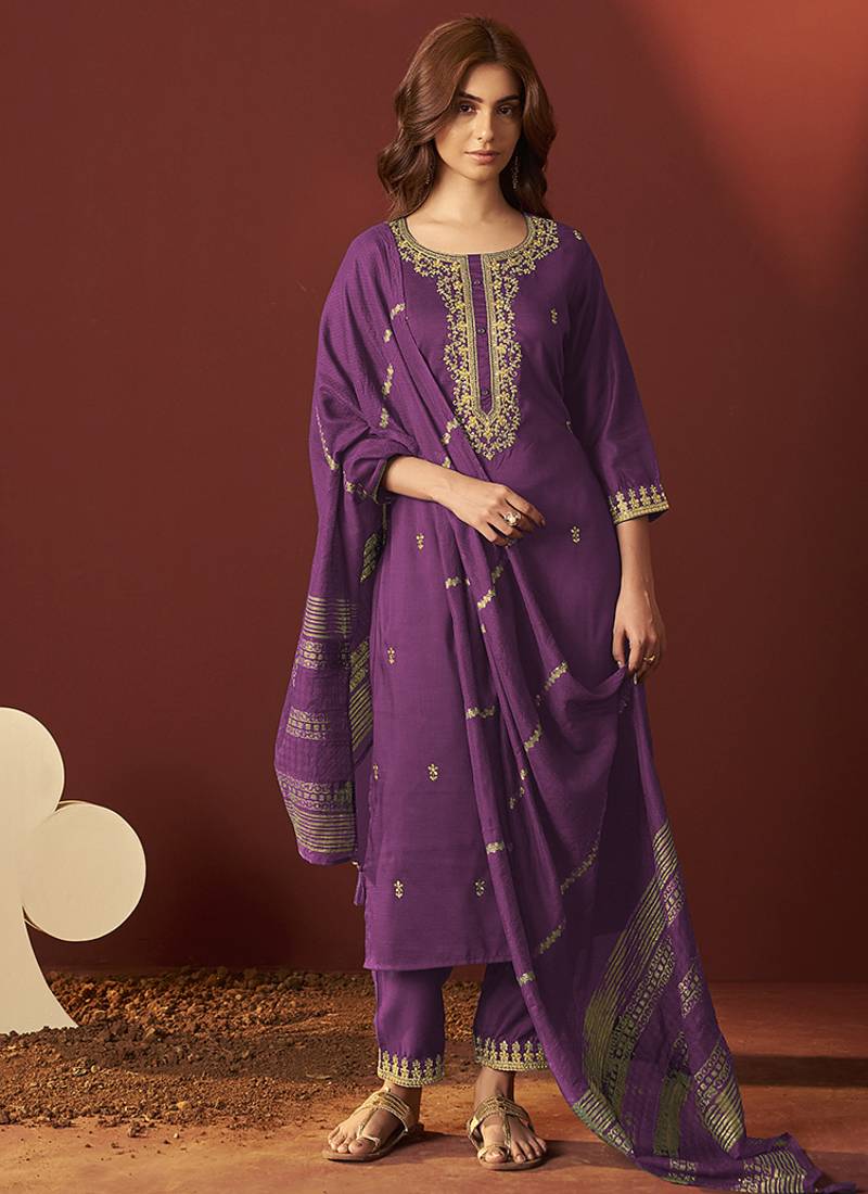 Purple embroidered chinnon straight kurta set with dupatta