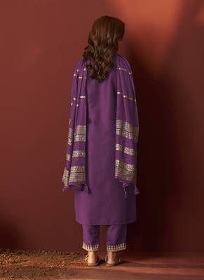 Purple embroidered chinnon straight kurta set with dupatta 2