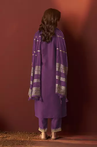 Purple embroidered chinnon straight kurta set with dupatta