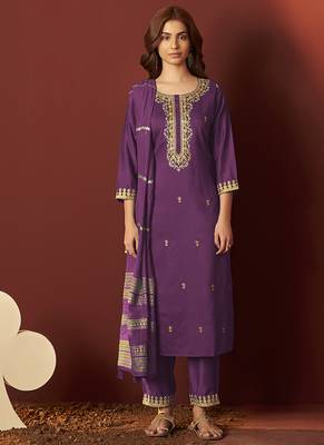 Purple embroidered chinnon straight kurta set with dupatta 3