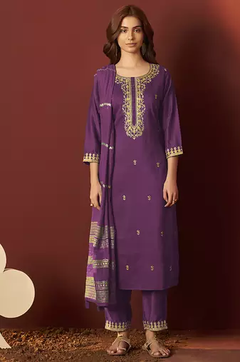 Purple embroidered chinnon straight kurta set with dupatta