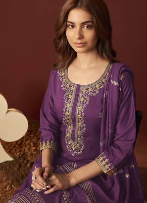 Purple embroidered chinnon straight kurta set with dupatta 4