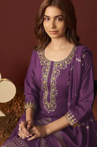 Purple embroidered chinnon straight kurta set with dupatta