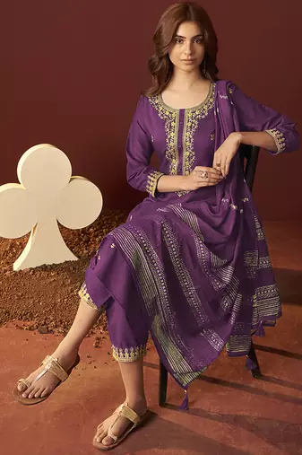 Purple embroidered chinnon straight kurta set with dupatta
