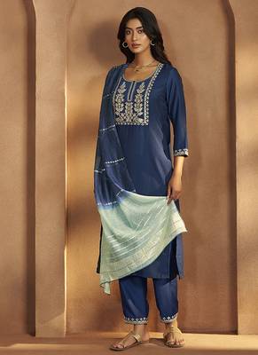 Blue embroidered cotton blend straight kurta with dupatta 1