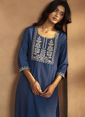 Blue embroidered cotton blend straight kurta with dupatta 4