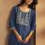 Blue embroidered cotton blend straight kurta with dupatta
