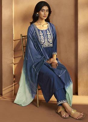 Blue embroidered cotton blend straight kurta with dupatta 5