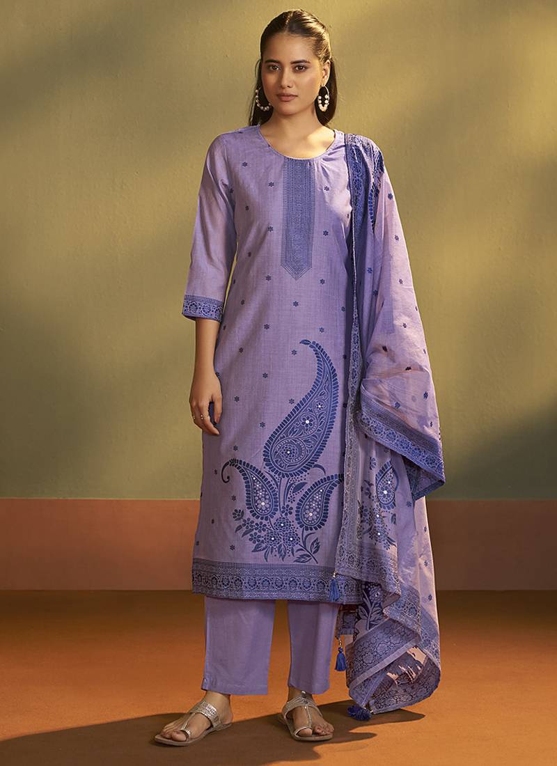 Purple lilac jacquard art silk straight kurta set with dupatta
