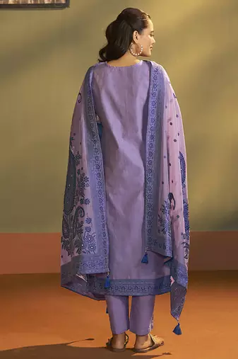 Purple lilac jacquard art silk straight kurta set with dupatta