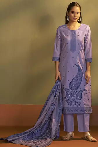 Purple lilac jacquard art silk straight kurta set with dupatta
