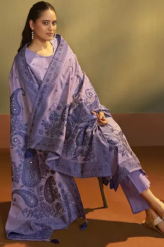 Purple lilac jacquard art silk straight kurta set with dupatta