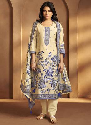 Cream jacquard art silk straight kurta set with dupatta 1