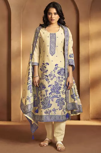 Cream jacquard art silk straight kurta set with dupatta